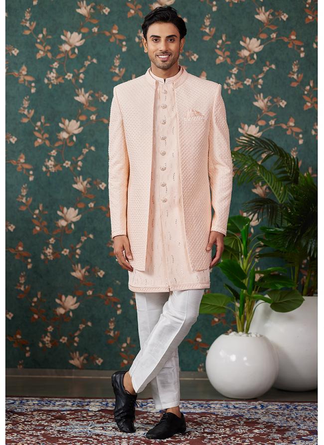 Art Silk Peach Groom Wear Thread Work Readymade Sherwani